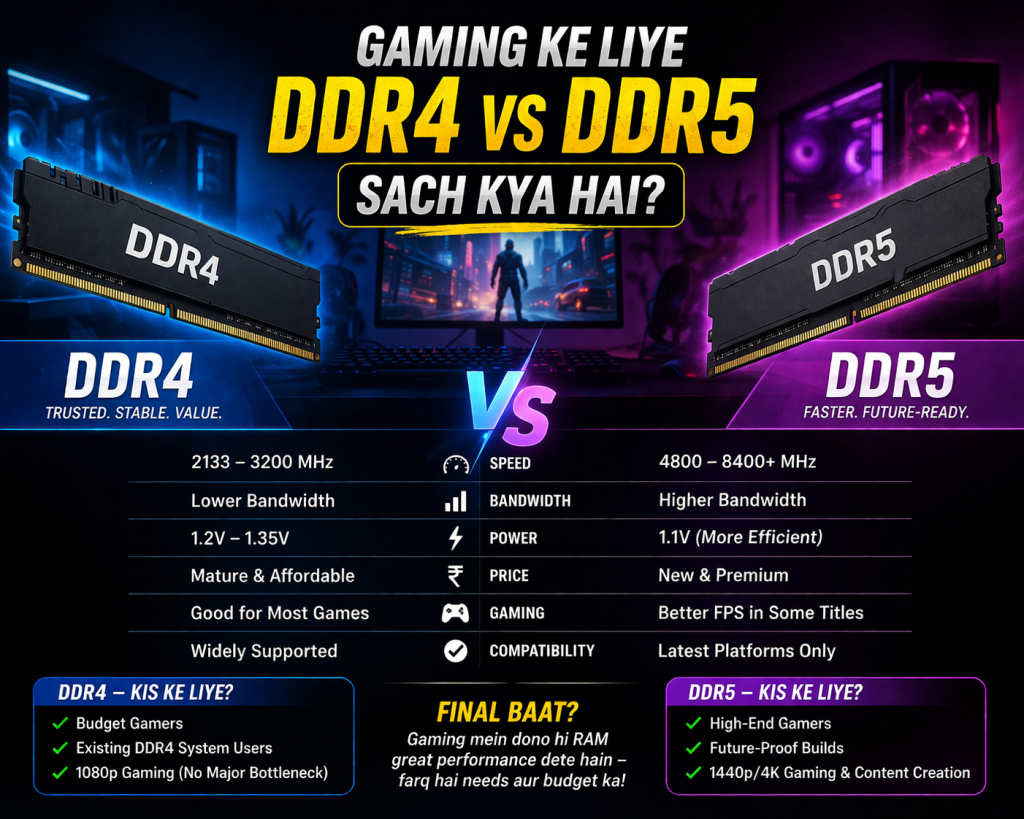 Neon gaming-themed infographic comparing DDR4 and DDR5 RAM, showing speed, bandwidth, latency, price, and gaming performance differences with a PC gaming setup in the background.