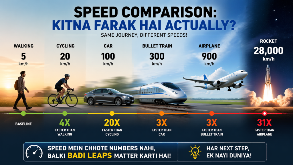 Ek wide infographic jo alag-alag transport modes ki speed compare karta hai—walking (5 km/h), cycling (20 km/h), car (100 km/h), bullet train (300 km/h), airplane (900 km/h), aur rocket (28,000 km/h). Har vehicle ko realistic style mein dikhaya gaya hai, left se right tak speed aur motion blur badhta hua, aur neeche speed differences ko colorful scale ke saath highlight kiya gaya hai.