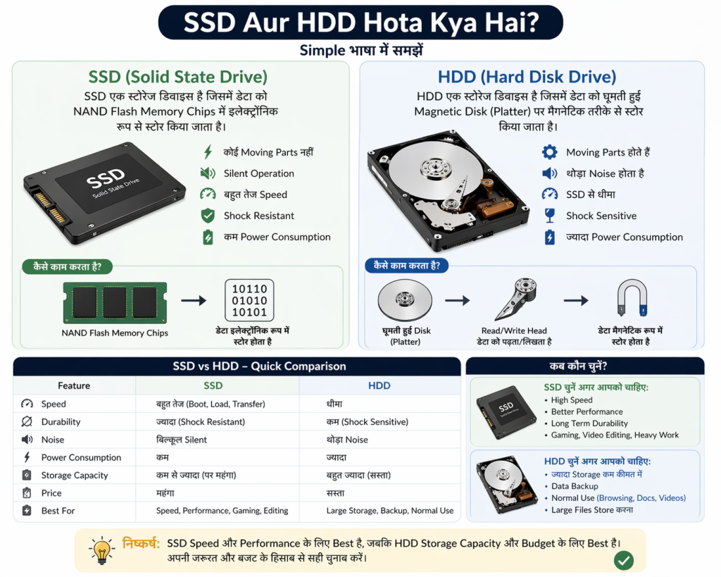 Ek clean infographic jisme SSD (Solid State Drive) aur HDD (Hard Disk Drive) ka side-by-side comparison dikhaya gaya hai. Left side par SSD ka diagram aur features (fast speed, no moving parts, silent operation) dikh rahe hain, jabki right side par HDD ka internal disk structure aur features (moving parts, slower speed, higher storage) explain kiye gaye hain. Neeche ek comparison table bhi hai jo speed, durability, price aur storage capacity ko compare karta hai.