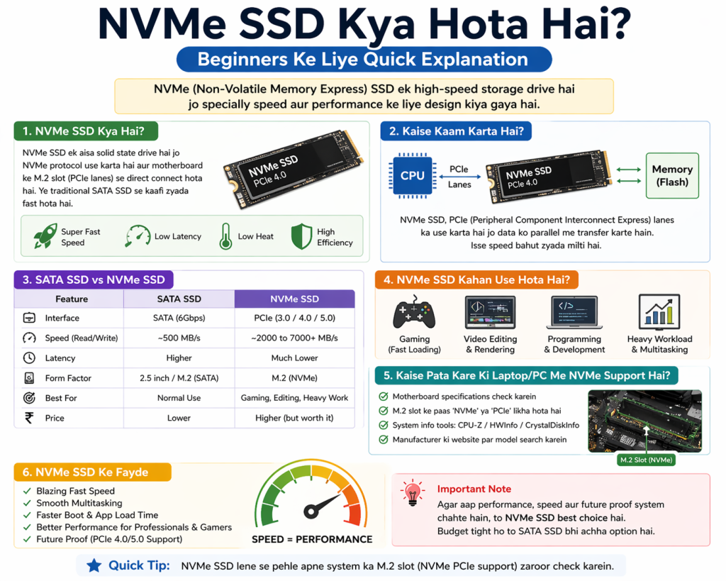 Ek detailed infographic jisme NVMe SSD kya hota hai beginners ke liye simple language mein samjhaya gaya hai. Isme NVMe SSD ka design (M.2 form factor), CPU aur PCIe lanes ke through data transfer ka diagram, aur SATA SSD vs NVMe SSD ka comparison table dikhaya gaya hai. Saath hi usage examples (gaming, video editing, programming) aur benefits (high speed, low latency) visually explain kiye gaye hain.