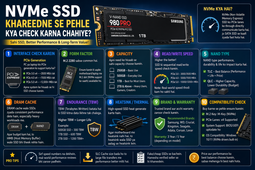 Ek detailed infographic jo NVMe SSD kharidne se pehle check karne wale factors ko highlight karta hai—interface (PCIe generation), form factor (M.2 2280), capacity options (250GB se 2TB+), read/write speed, NAND type (TLC vs QLC), DRAM cache, endurance (TBW), heatsink/thermal management, brand & warranty, aur compatibility checks. Har section alag color-coded box mein icons ke saath clearly dikhaya gaya hai.
