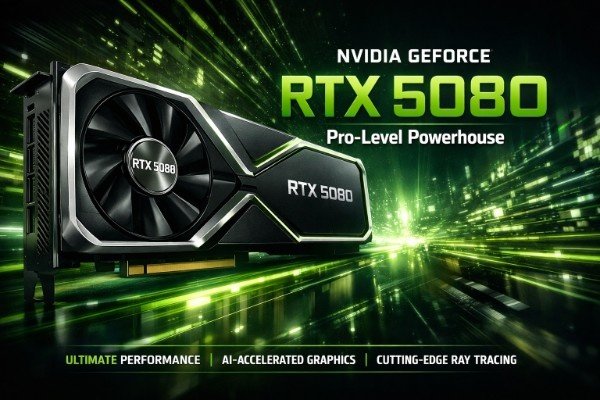 NVIDIA GeForce RTX 5080 graphics card with a futuristic green glowing background, featuring bold “RTX 5080” and “Pro-Level Powerhouse” text, showcasing high-end gaming and AI performance.