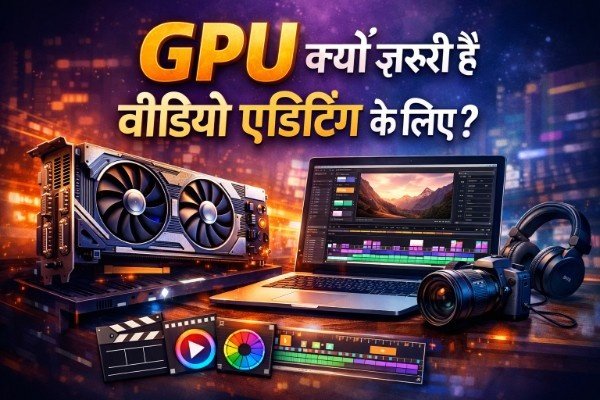Ek modern digital illustration jisme ek powerful GPU card, ek laptop par video editing software open hai, saath mein camera aur headphones rakhe hue hain. Background mein colorful city lights aur digital effects dikh rahe hain, jo video editing aur high performance ko represent karte hain. Upar bada bold text likha hai: "GPU kyon zaroori hai video editing ke liye?"