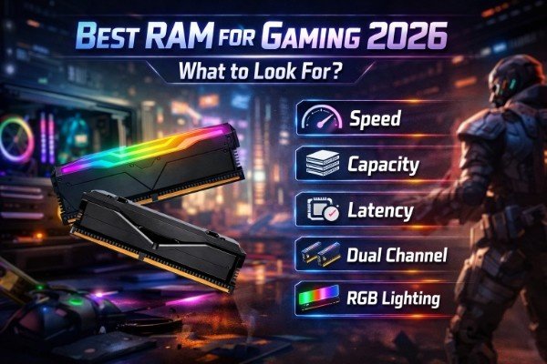 High-performance gaming RAM installed on a modern motherboard with RGB lighting, showing the concept of choosing the best RAM for gaming in 2026.