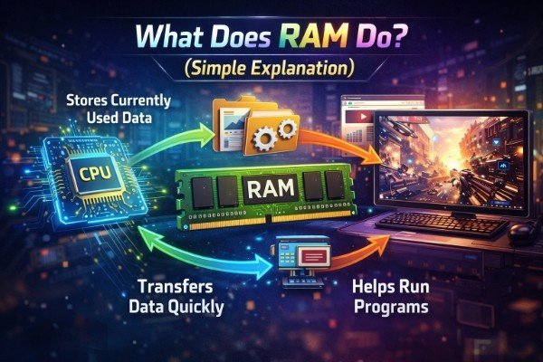 A colorful tech illustration explaining RAM, showing a RAM module in the center connected to a CPU on the left and a gaming laptop on the right. Arrows indicate data flow, with labels like “Stores Currently Used Data,” “Transfers Data Quickly,” and “Helps Run Programs.” The image includes the title “What Does RAM Do? (Simple Explanation)” in bold English text.