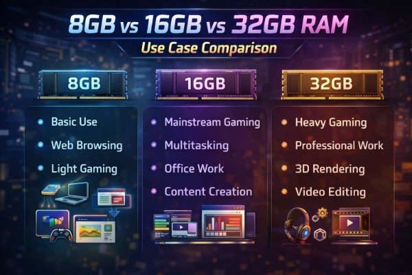 A modern comparison graphic showing three RAM options: 8GB, 16GB, and 32GB. Each section highlights different use cases—8GB for basic tasks like browsing and office work, 16GB for gaming and multitasking, and 32GB for heavy tasks like video editing and high-end gaming. The image includes clear English labels and icons representing each use case.