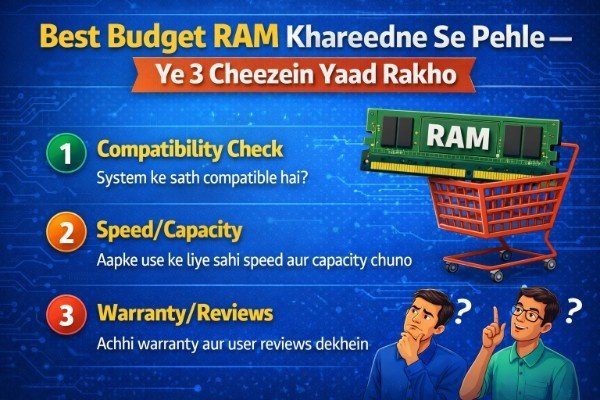 Best budget RAM kharidne se pehle 3 important cheezein dikhane wala infographic jisme compatibility, speed/capacity aur warranty/reviews highlight kiye gaye hain, saath hi RAM module shopping cart mein dikhaya gaya hai.