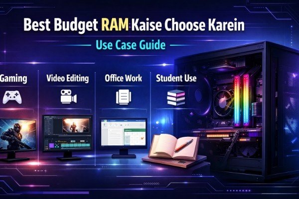 “Best Budget RAM Kaise Choose Karein” infographic jisme gaming, video editing, office work aur student use ke liye alag-alag RAM use cases dikhaye gaye hain, saath mein RGB RAM ke saath ek modern desktop PC setup.