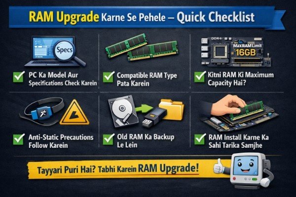 “RAM Upgrade Karne Se Pehle – Quick Checklist” infographic showing six steps: checking PC specifications, verifying compatible RAM type, knowing maximum RAM capacity, following anti-static precautions, backing up old RAM data, and understanding correct installation method.