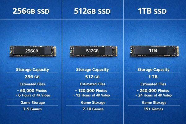 256GB, 512GB, aur 1TB SSDs ka side-by-side comparison image jisme teen M.2 SSD drives dikh rahe hain, har ek ke niche storage capacity, estimated photos/video storage aur game storage details clearly likhe hue hain.