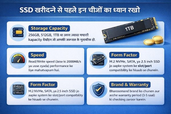 SSD kharidne se pehle dhyan dene wali cheezon par based infographic jisme storage capacity, speed, form factor aur brand warranty jaise key points icons ke saath clearly dikhaye gaye hain.