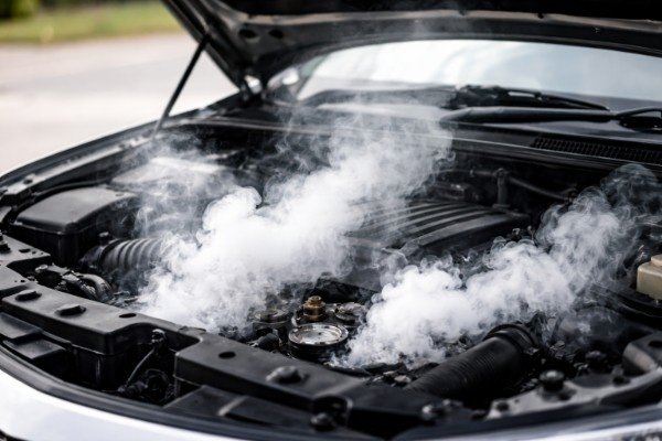 White smoke coming from car engine indicating cooling system failure or overheating issue