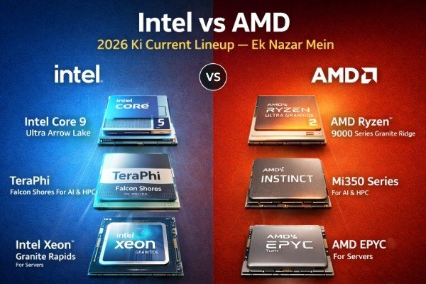 Intel vs AMD processors comparison infographic showing latest 2026 CPU lineup and performance difference
