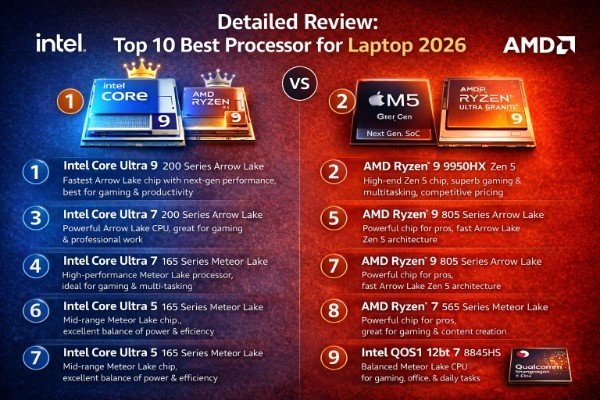 Detailed review of top 10 best laptop processors 2026 showing Intel AMD and Apple CPU performance comparison