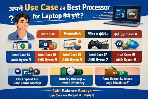 Apne use case ke hisaab se best laptop processor choose karne ka infographic, jisme basic use, productivity, gaming aur high-performance ke liye Intel Core i3, i5, i7, i9 aur AMD Ryzen 3, 5, 7, 9 processors ka comparison dikhaya gaya hai, saath hi clock speed, core count, battery backup aur budget factors explain kiye gaye hain.
