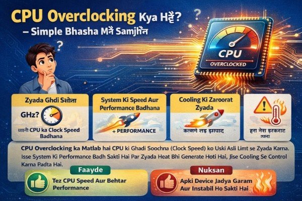 CPU overclocking kya hai infographic, jisme simple bhasha mein CPU clock speed badhane ka concept, performance increase, cooling requirement aur overheating risk ko explain kiya gaya hai.