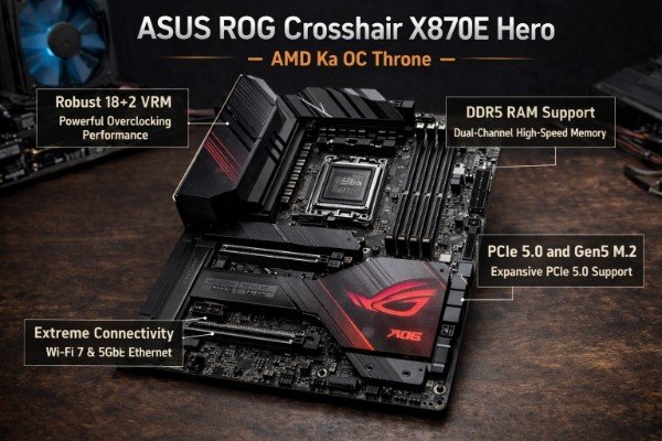 “ASUS ROG Crosshair X870E Hero motherboard for AMD with powerful VRM, DDR5 RAM support, PCIe 5.0 and advanced cooling designed for extreme overclocking performance”