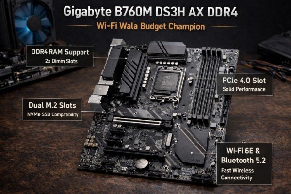 “Gigabyte B760M DS3H AX DDR4 motherboard with built-in Wi-Fi 6E, PCIe 4.0 slot, dual M.2 support and DDR4 RAM compatibility for budget PC build”
