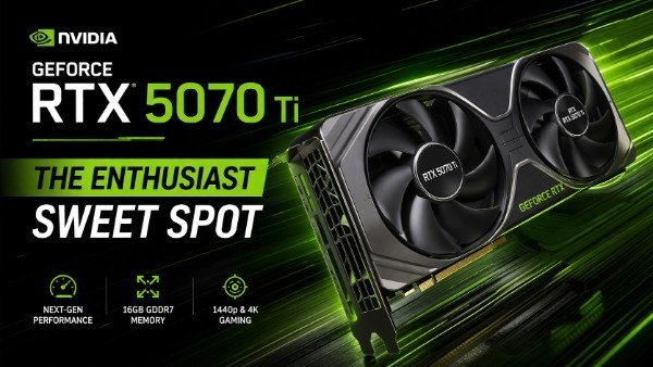 Futuristic black and neon green graphics card labeled RTX 5070 Ti with dual fans, set against a high-speed motion background, highlighting next-gen performance, 16GB memory, and high-resolution gaming capabilities.