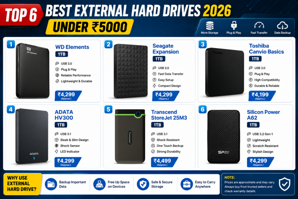 2026 ke best external hard drives under ₹5000 dikhata hua tech infographic, jisme WD Elements, Seagate Expansion, Toshiba Canvio Basics, ADATA HV300, Transcend StoreJet 25M3, aur Silicon Power A62 jaise 1TB external drives ke images, features, aur approximate prices visually compare kiye gaye hain.