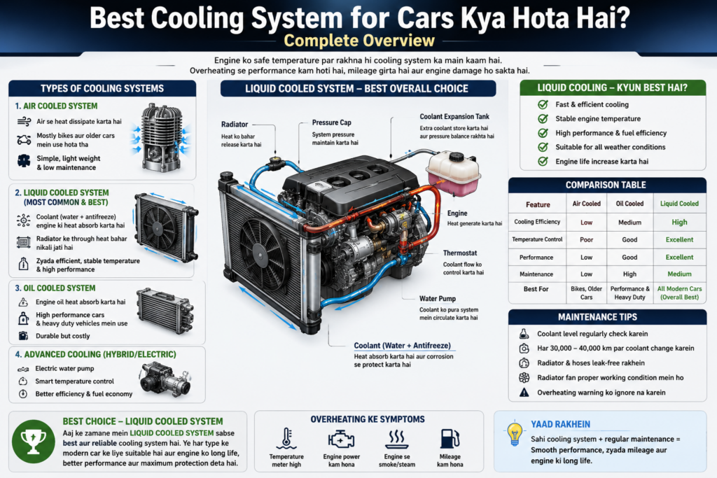 Car Cooling System ka detailed infographic jisme Air Cooled, Liquid Cooled, Oil Cooled aur Hybrid Cooling systems ko compare kiya gaya hai, saath hi engine radiator, coolant flow aur overheating warning indicators dikhaye gaye hain.