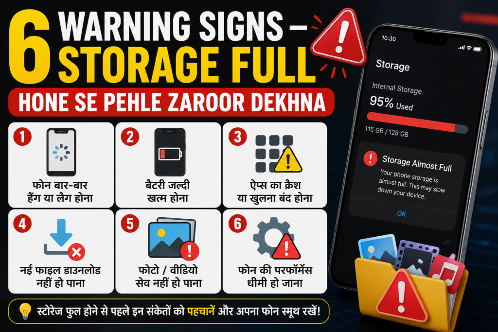 Ek bold infographic image jisme “6 Warning Signs – Storage Full Hone Se Pehle Zaroor Dekhna” likha hai. Right side par smartphone screen me “Storage Almost Full” alert aur 95% used storage dikh raha hai. Left side me 6 warning boxes hain: phone hang hona, battery jaldi khatam hona, apps crash hona, nayi file download na hona, photo/video save na hona, aur phone ki performance slow hona.