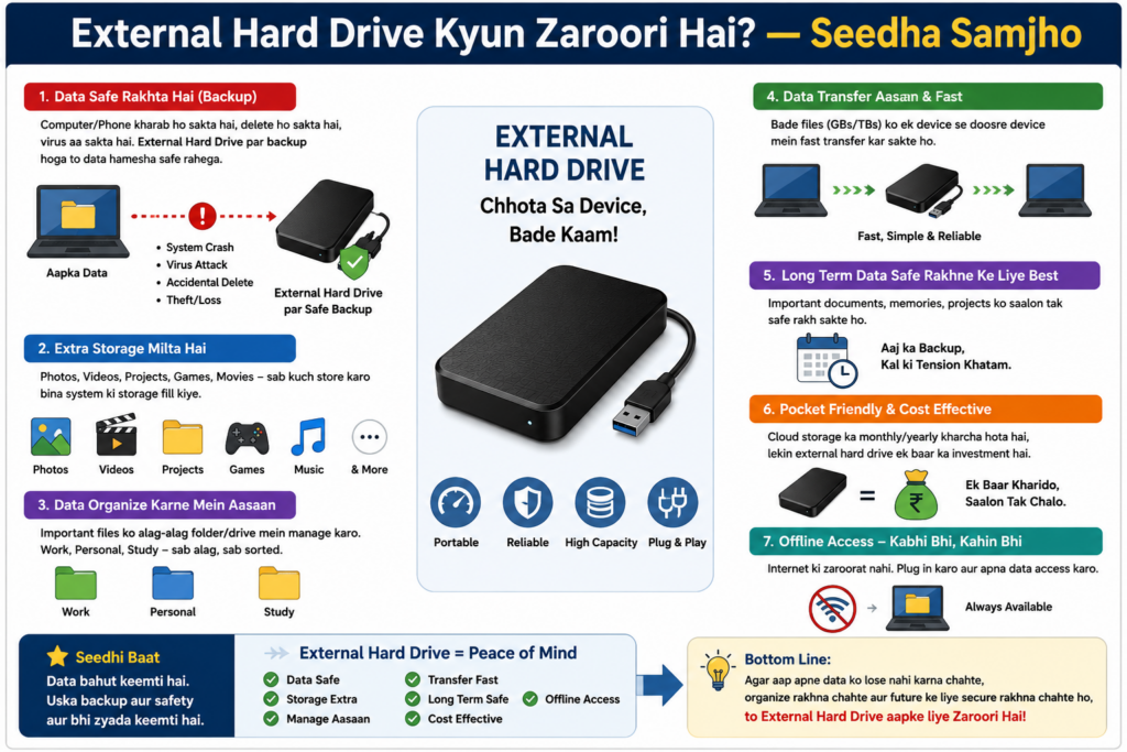 Ek modern Hindi infographic jo external hard drive ki importance ko explain karta hai. Image mein laptop, external hard drive, backup files, photos, videos aur storage icons dikhaye gaye hain. Diagram data backup, extra storage aur portable file transfer ko simple visual flow ke through samjhata hai. Clean blue aur dark theme ke saath secure data storage aur protection highlight ki gayi hai.