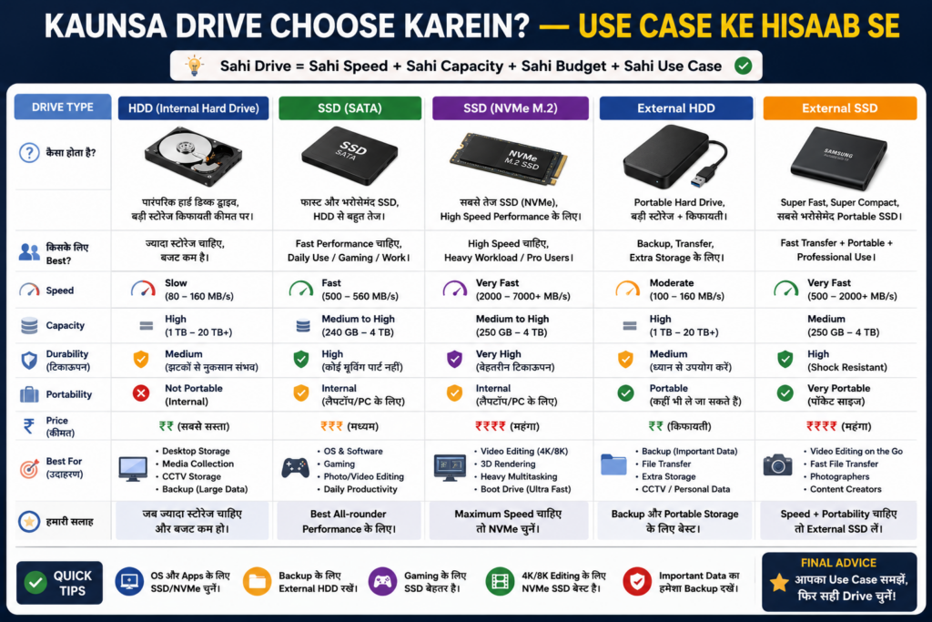 Ek detailed Hindi infographic jo alag-alag storage drives — HDD, SATA SSD, NVMe SSD, External HDD aur External SSD — ka comparison dikhata hai. Image mein speed, storage capacity, durability, portability aur price ke basis par drives compare ki gayi hain. Har drive type ke saath icons, performance indicators aur recommended use cases visually explain kiye gaye hain.