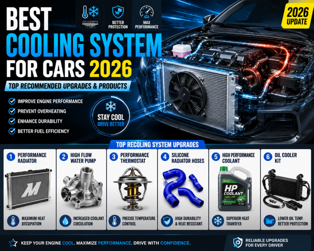 2026 car cooling system upgrades illustration showing radiator, electric cooling fan, intercooler, coolant reservoir, and high-performance cooling parts in a modern vehicle engine setup.