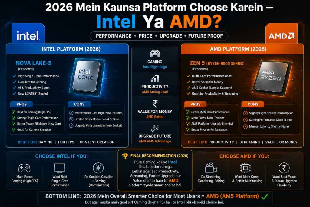 2026 Mein Intel vs AMD Comparison Thumbnail — Dono CPU Platforms Ki Performance, Gaming Aur Productivity Features Ka Visual Comparison