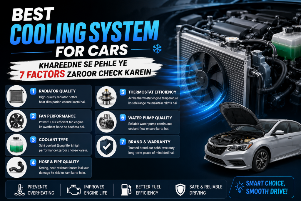 Car cooling system infographic showing 7 important factors to check before buying, including radiator quality, fan performance, coolant type, hoses, thermostat efficiency, water pump quality, and brand warranty with engine and radiator visual in background.