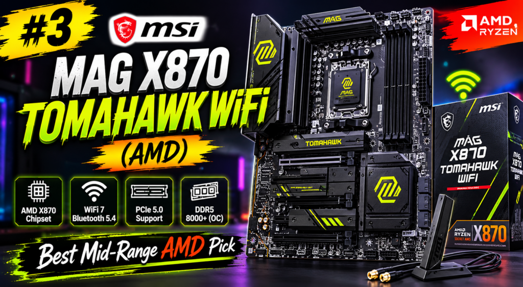 MSI MAG X870 Tomahawk WiFi AMD motherboard ka high-quality tech promotional thumbnail, jisme black aur neon yellow theme use ki gayi hai. Left side par bold title “MSI MAG X870 TOMAHAWK WIFI (AMD)” likha hai, aur right side par motherboard aur box prominently show ho raha hai. Neeche feature icons jaise PCIe 5.0, DDR5, WiFi 7 aur 2.5G LAN highlight kiye gaye hain.
