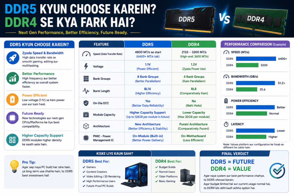 A modern technology comparison graphic featuring DDR5 and DDR4 RAM modules side by side. The design highlights differences in speed, bandwidth, power efficiency, memory capacity, and overall performance. Visual elements such as computer hardware, performance charts, and speed indicators help explain why DDR5 is considered the next generation of system memory.