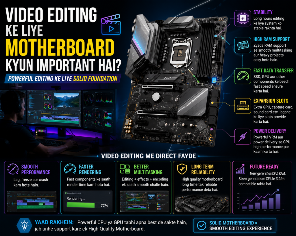 Video editing ke liye motherboard ki importance batata ek infographic jisme stability, RAM support, fast data transfer, expansion slots aur power delivery jaise features highlight kiye gaye hain.