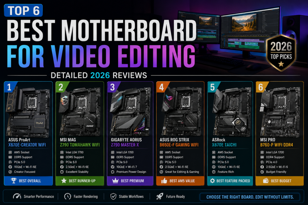 Top 6 Best Motherboards for Video Editing 2026 ka modern infographic, jisme high-performance motherboards ko ranking ke saath compare kiya gaya hai, gaming aur editing workflow ke liye features highlight kiye gaye hain.