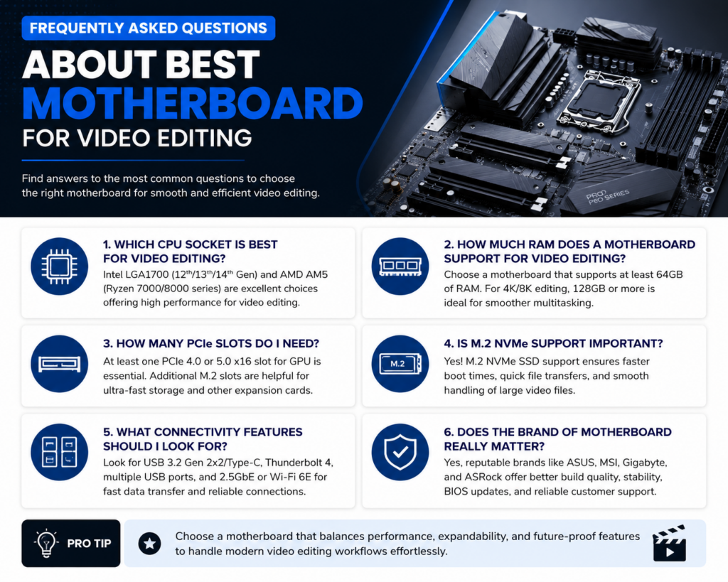 “Best Motherboard for Video Editing ke FAQs par based ek modern infographic, jisme 6 common questions aur unke answers diye gaye hain. Design me blue-white tech theme, motherboard ka close-up image aur clean card-style layout dikhaya gaya hai.”