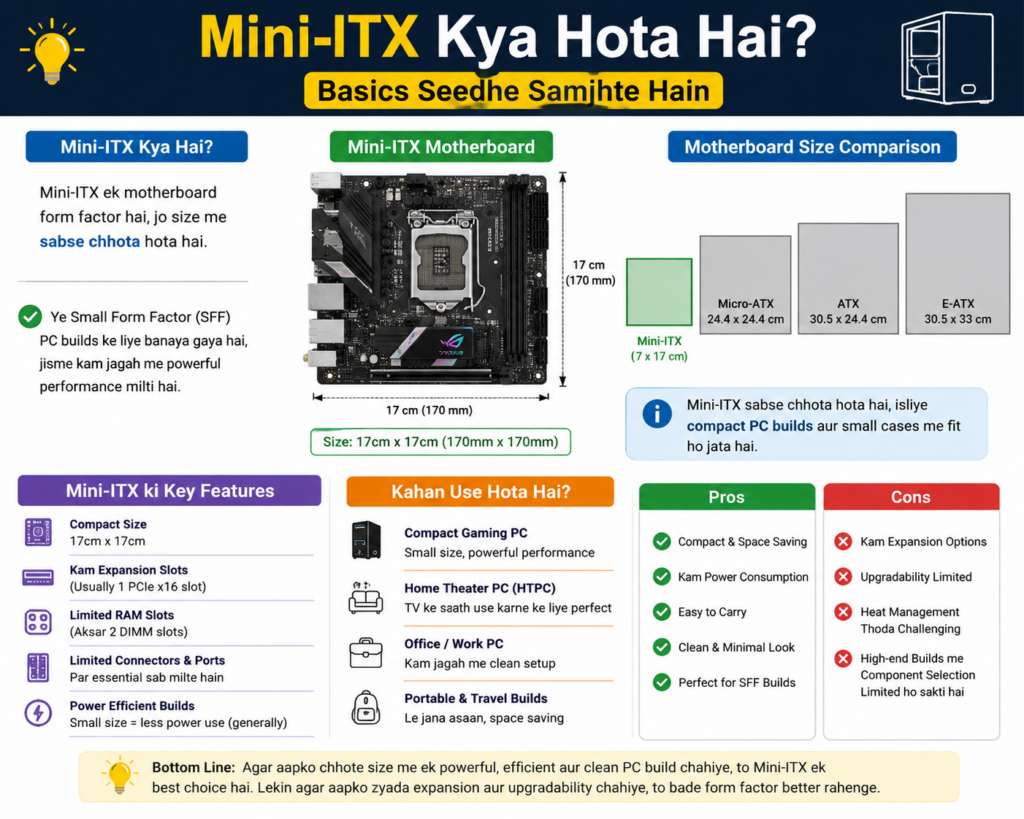 Hindi infographic explaining what a Mini-ITX motherboard is, featuring motherboard size comparisons (Mini-ITX, Micro-ATX, ATX), key features, compact PC build example, and simple explanations about its small size, low power usage, gaming capability, and portability.