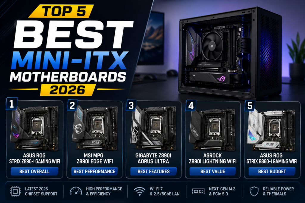 Top 5 Best Mini-ITX Motherboards 2026 infographic featuring compact gaming motherboards with RGB lighting, a high-performance mini PC build, and rankings including ASUS ROG, MSI MPG, Gigabyte AORUS, and ASRock models with modern blue and black tech-themed design.