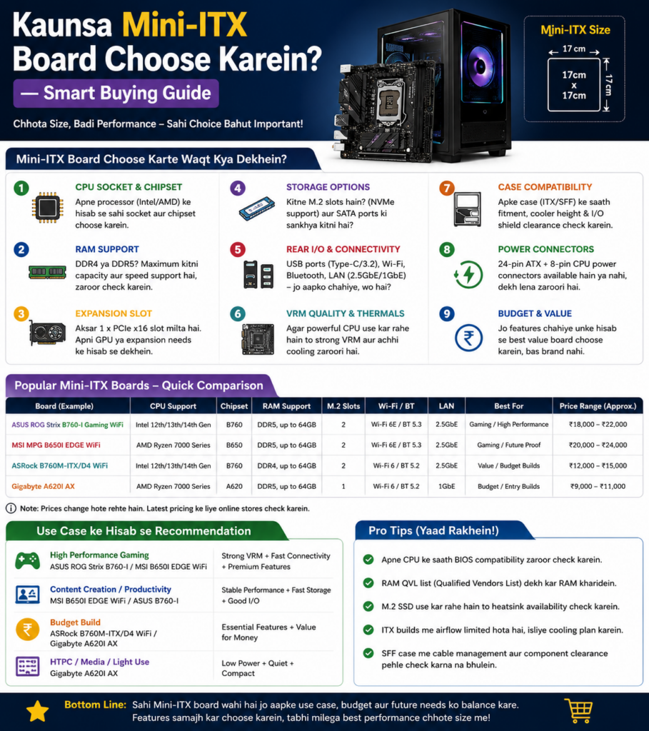 Hindi infographic about choosing the best Mini-ITX motherboard, showing smart buying tips like CPU socket, RAM support, storage options, connectivity, cooling, case compatibility, and budget comparison along with popular Mini-ITX board examples.