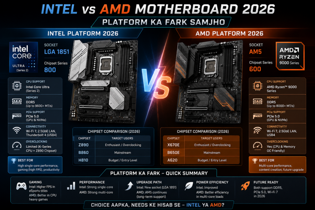 Intel vs AMD Motherboard 2026 comparison graphic showing two gaming PC setups side-by-side, highlighting chipset differences, performance, and platform features.