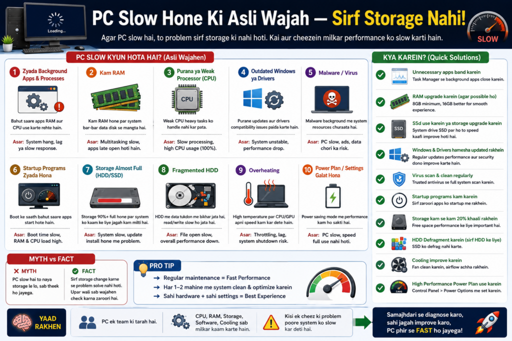 Ek detailed Hindi infographic jo PC slow hone ki multiple wajahen explain karti hai. Image mein RAM, CPU, storage, overheating, background apps, malware aur outdated software jaise issues ke icons aur illustrations dikhaye gaye hain. Saath hi quick solutions section mein SSD upgrade, RAM increase aur system cleanup jaise performance tips visually explain kiye gaye hain.