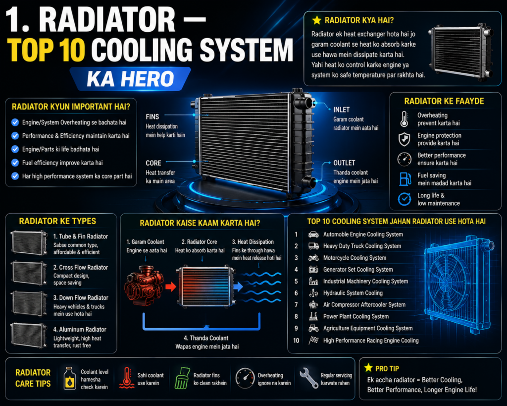 Radiator cooling system infographic showing radiator functions, heat dissipation process, cooling benefits, radiator types, and engine temperature control for vehicles and machines.