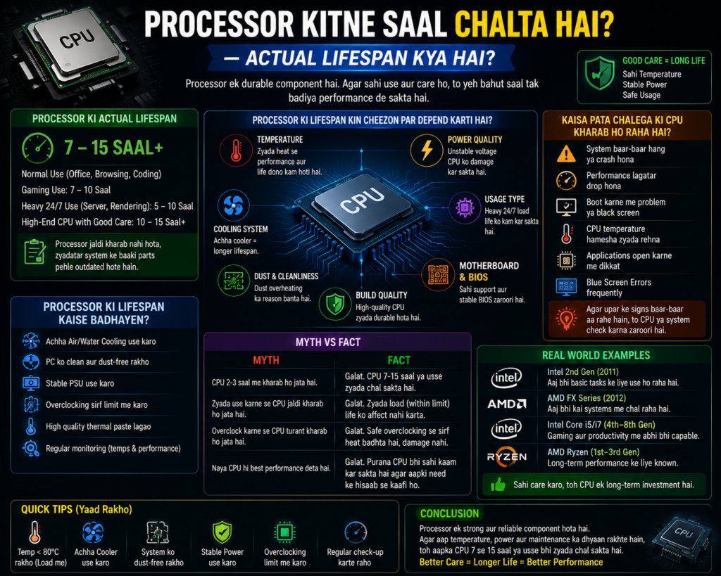 Processor lifespan infographic showing CPU life expectancy, performance factors, cooling impact, maintenance tips, and hardware longevity for computers and laptops.