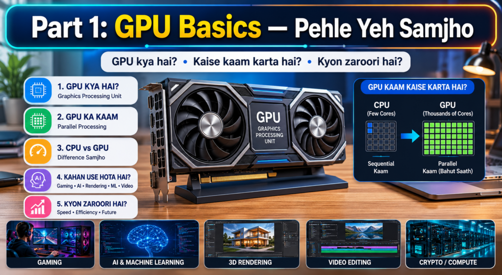 Part 1 GPU Basics – Pehle Yeh Samjho infographic showing what a GPU is, CPU vs GPU comparison, GPU uses in gaming, video editing, AI, machine learning, 3D rendering, and data processing with a high-performance graphics card illustration.
