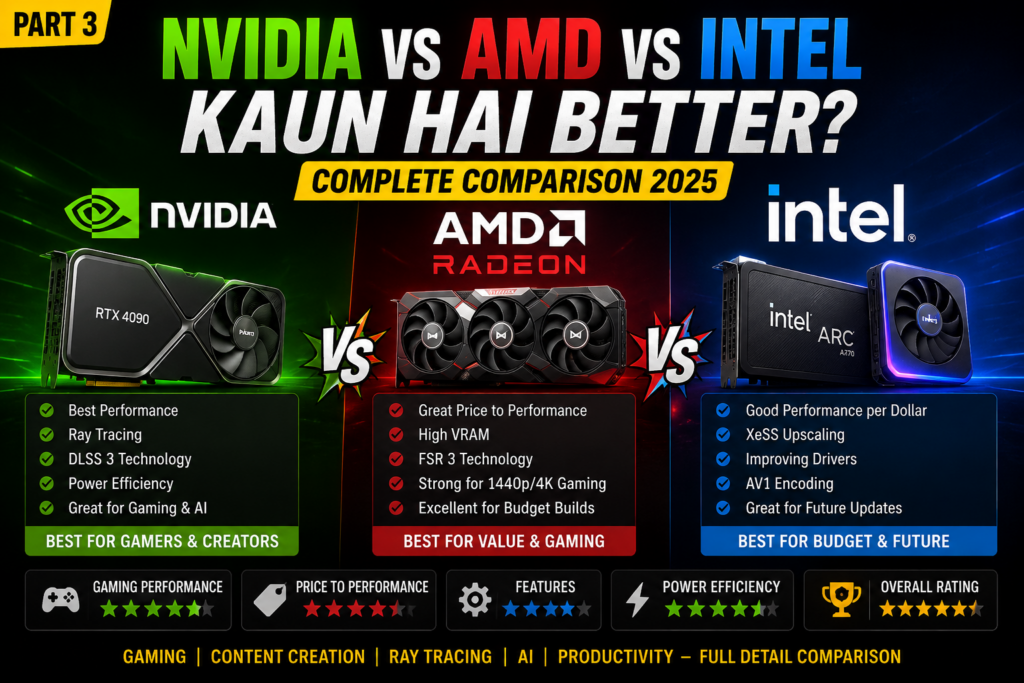 Part 3 NVIDIA vs AMD vs Intel comparison 2025 thumbnail featuring NVIDIA GeForce RTX graphics card, AMD Radeon GPU, and Intel Arc GPU with performance, gaming, ray tracing, AI, power efficiency, and value-for-money comparison for PC gamers and content creators.