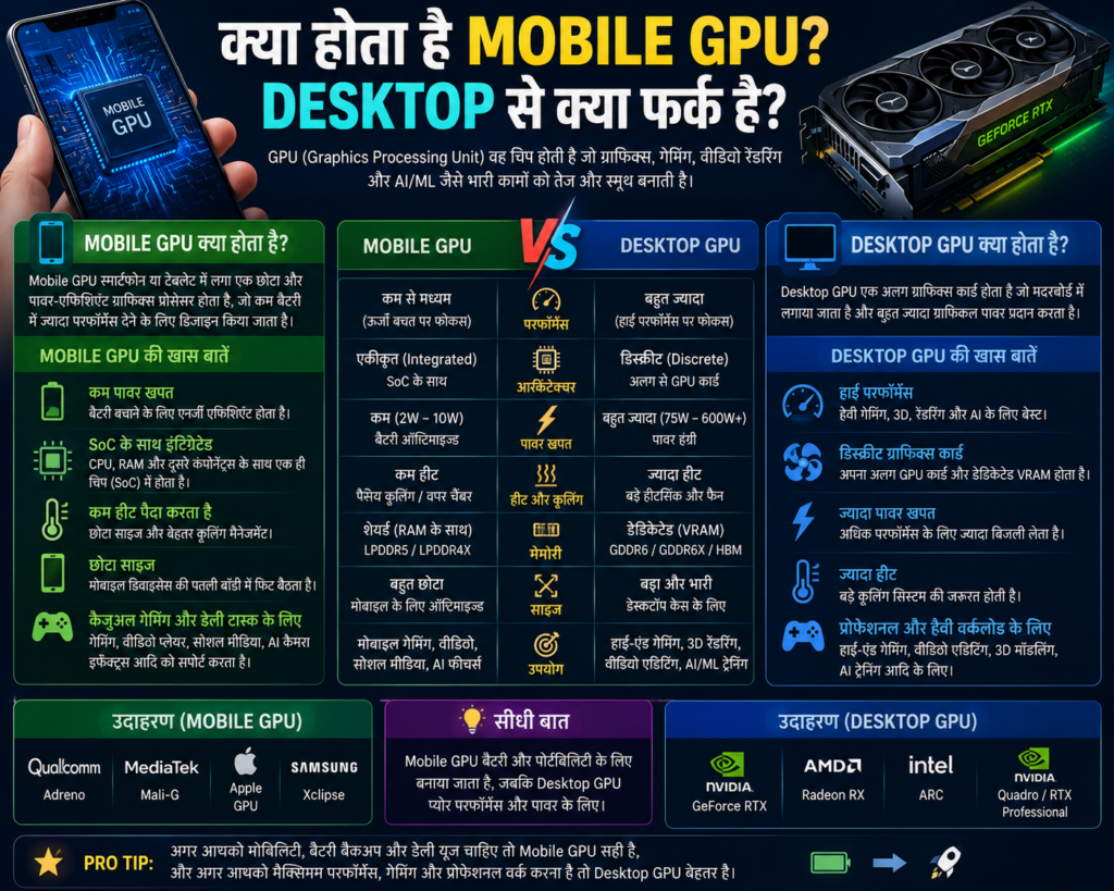 Mobile GPU vs Desktop GPU infographic comparing graphics processing performance, power consumption, architecture, cooling, gaming capabilities, AI processing, video editing, and overall hardware differences between smartphones and desktop computers.